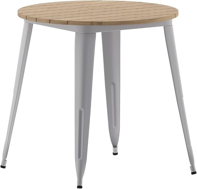 Flash Furniture Declan Commercial Outdoor Dining Table, All Weather Poly Resin Top with Steel Base, 30" Round, Brown/Silver