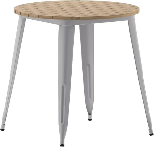 Flash Furniture Declan Commercial Outdoor Dining Table, All Weather Poly Resin Top with Steel Base, 30" Round, Brown/Silver