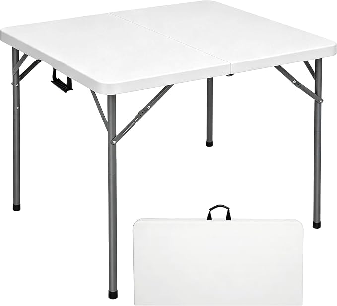 Lakhow 34" Square Folding Table, Fold-in-Half Utility Dining Portable Table Heavy Duty HDPE Plastic Foldable with Carrying Handle Indoor Outdoor for Picnic, Party