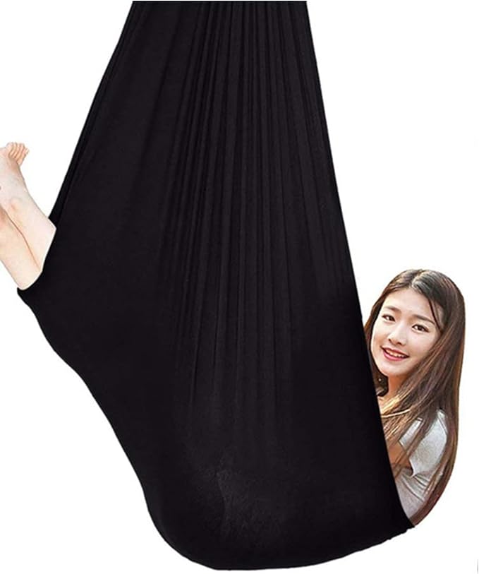 360° Rotating Elastic Aerial Yoga Hammock Outdoor Indoor Swings Aerial Yoga Sensory Therapy Cuddle Swing Soft Elastic Parcel Steady Seat Swing (Color : Black, Size : 100x280cm)