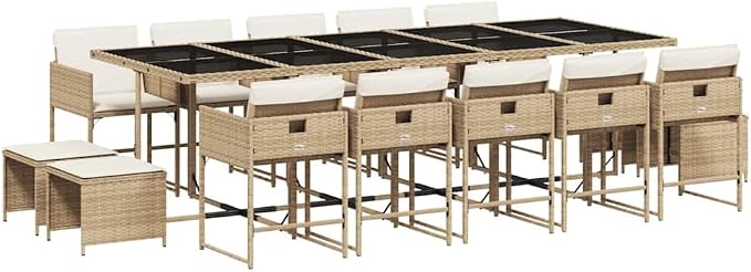 15 Piece Patio Dining Set with Cushions Beige Poly Rattan Outdoor Furniture Table and 10 Chairs with Folding Backrest for Garden Backyard Poolside Dining, UV-Proof, 242.5 lb Capacity