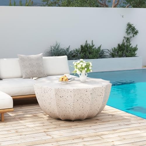35" Indoor Round Coffee Table, Waterproof Coffee Table Modern MgO Cement Design End Tables for Living Room, Patio Outdoor Coffee Tables for Garden, Backyard, Balcony, White
