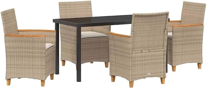 Afuera Living 5 Piece Poly Rattan Patio Dining Set, Brown Finish, Glass Tabletop, Weather-Resistant Steel Frame, UV-Resistant Rattan, Wooden Armrests, Seating for 4, Modern Garden or Terrace Furniture