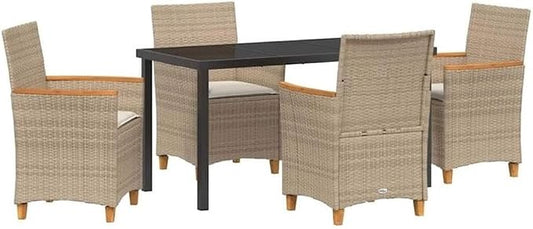 Afuera Living 5 Piece Poly Rattan Patio Dining Set, Brown Finish, Glass Tabletop, Weather-Resistant Steel Frame, UV-Resistant Rattan, Wooden Armrests, Seating for 4, Modern Garden or Terrace Furniture