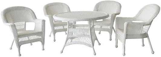 Pemberly Row 5-Piece Resin Wicker Outdoor Patio Dining Set, White Finish, Includes 4 Chairs and 1 Table, Steel Frame, All-Weather Fade-Proof Wicker, Durable Design for Deck, Patio, or Poolside Use