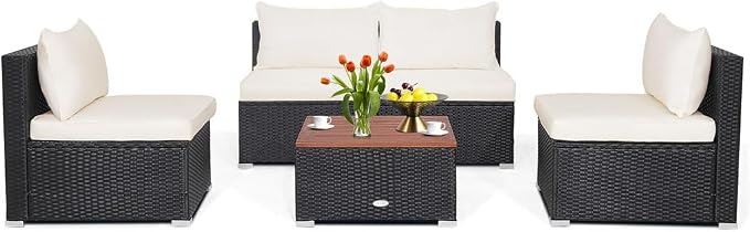 5PCS Patio Rattan Furniture Set Acacia Wood Table Top Sofa Cushion Deck