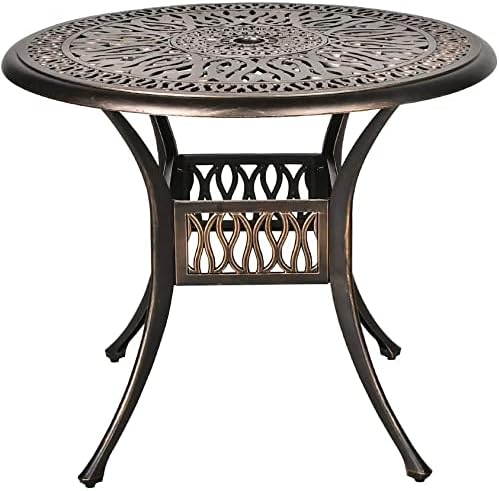 Grepatio 35.4" Round Patio Bistro Table Outdoor Dining Table Cast Aluminum with Umbrella Hole Conversation Table, Antique Bronze (35.4" Round Table)