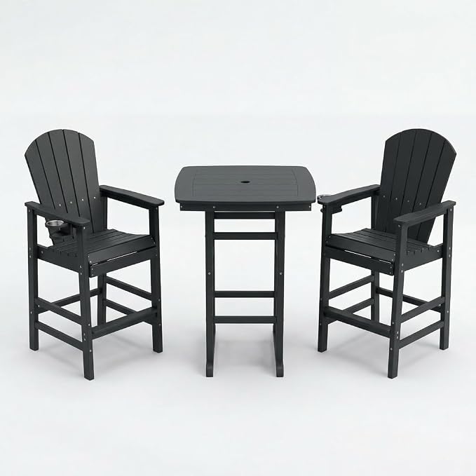 3-Piece HDPE Bar Height Table and Chairs Set, 42.1" Square High Top Pub Table with Umbrella Hole, 2 Adirondack Charis with Cup Holders, Outdoor Patio Dining Set for Bistro Backyard Deck Black