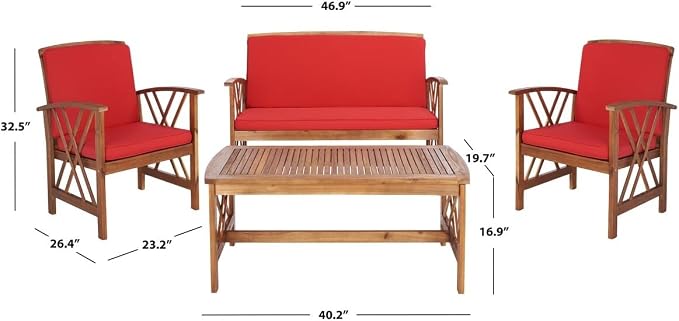 SAFAVIEH Outdoor - Fontana 4-Piece Conversation Set - Brown & Red - Solid Wood - Double-X Motif with Cushions - Ideal for Patio, Deck, Porch, Backyard (PAT7008R)