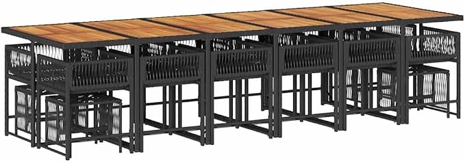 17-Piece Outdoor Dining Set, 16-Seater Garden Table and Rattan Chair Furniture for Patio Backyard Terrace, Weather Resistant Black and Cream White