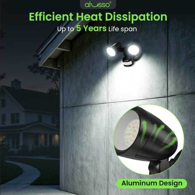 ALUSSO Motion Sensor Outdoor Lights Metal Heads, 30W 3600LM Flood Lights Outdoor 120V, 3 Modes Dusk to Dawn/Auto/On Time, 3000K 4000K 6500K Adjustable, Hardwired Security Light ETL Listed, Black 1PC