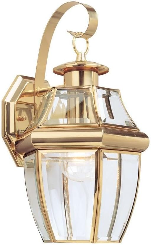 Generation Lighting Lancaster Outdoor Wall Lantern in Polished Brass | Wet-Rated Brass Fixture with Clear Beveled Glass, a Porch Light, Outside Light, or Exterior Lighting Fixture for Entry
