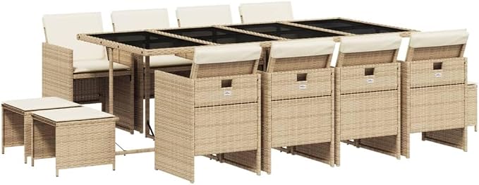 13 Piece Outdoor Dining Set with Cushions Poly Rattan Patio Furniture with Folding Chairs and Stools for Garden Backyard Deck Entertaining Beige Black
