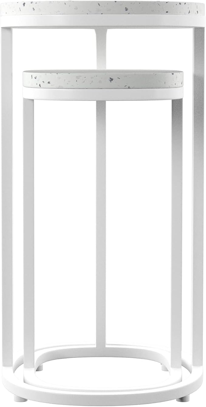 SEI Outdoor Patio Furniture - Vicanno Terrazzo Outdoor Nesting Tables - 2 Piece Set - Transitional Design White Metal - Fully Assembled - Ideal for Patio, Backyard (OD1089804)