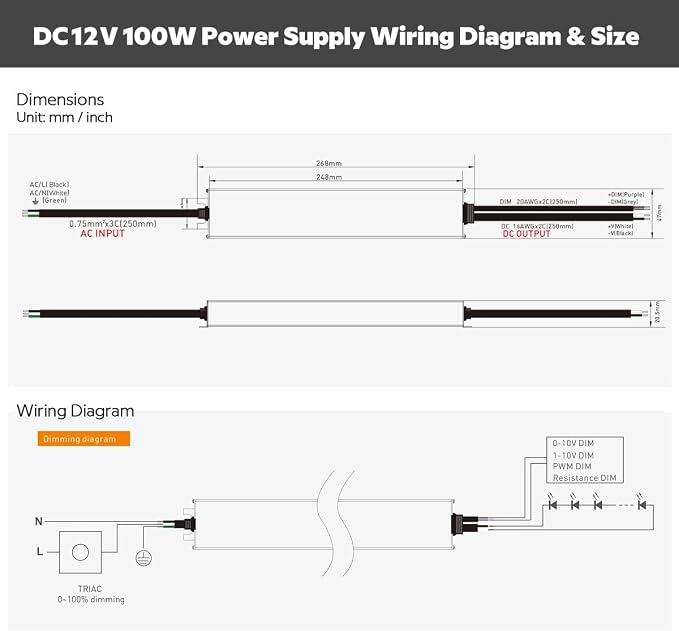 12VDC 100W UL-Listed 0-10V&TRIAC Dimmable Waterproof IP67 Thinner Power Supply 110V to 12V Low Voltage Transformer for IP68 LED Strip Lights,Outdoor LED Pool Underwater, Wash Wall, Fountain Lights