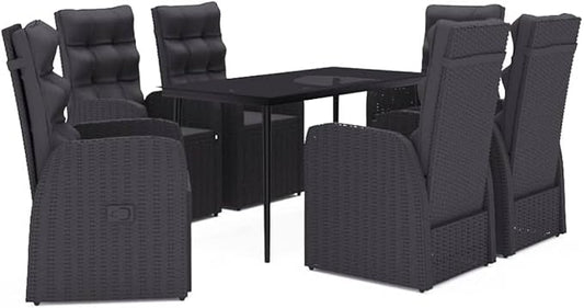 7-Piece PE Rattan Patio Dining Set with Reclining Chairs, Black | Includes 6 cushioned chairs and 1 dining table, designed for outdoor use in backyards, decks, and poolsides.