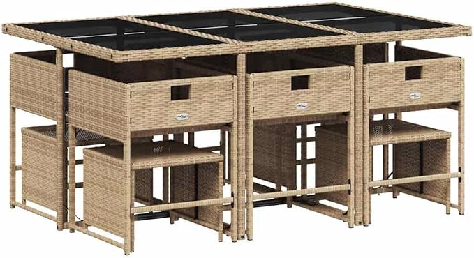 11-Piece Outdoor Dining Set, Rectangular Patio Furniture with Table, 6 Chairs, 4 Stools, Woven Synthetic Rattan Seating for 10, Beige