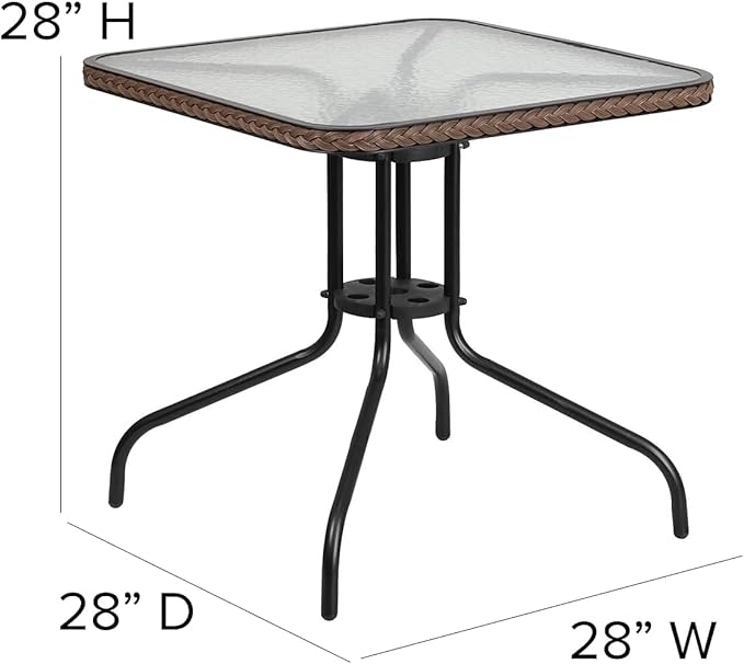 Flash Furniture Barker 28'' Square Tempered Glass Metal Table with Dark Brown Rattan Edging