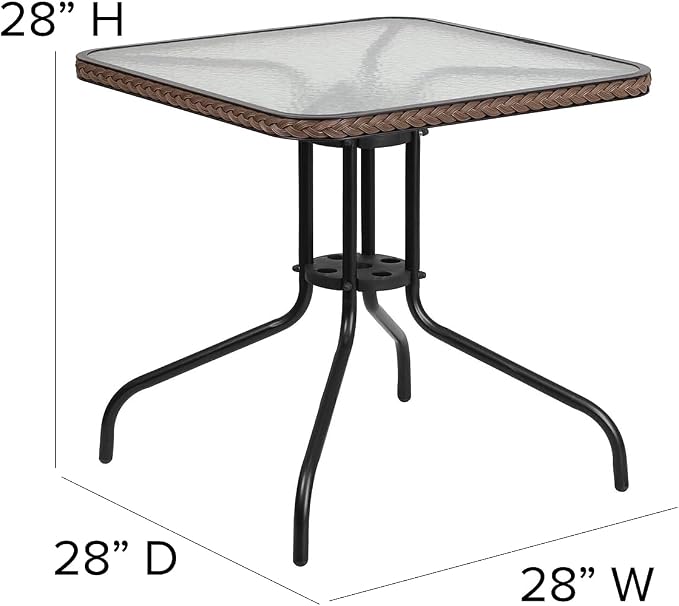 Flash Furniture Lila 28'' Square Glass Metal Table with Dark Brown Rattan Edging and 4 Dark Brown Rattan Stack Chairs