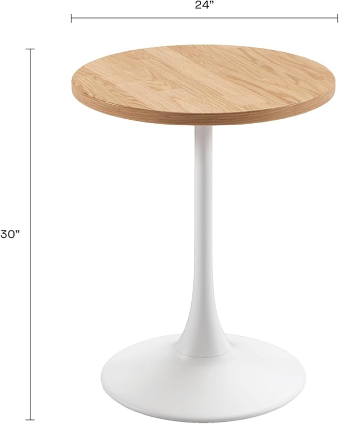 Jamesdar, Elise, Round Heavy Duty Commercial Bistro Table for Indoor Outdoor Restaurant & Café Dining, Solid Oak Top, Steel Base, 300 lb Capacity, 24" D x 30" H, White