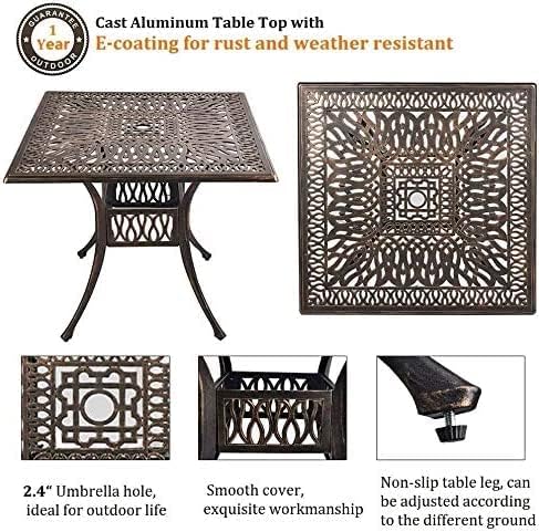 Grepatio 35.4" Square Cast Aluminum Dining Table, Compact Bistro Table with 2" Umbrella Hole Conversation Table, Antique Bronze