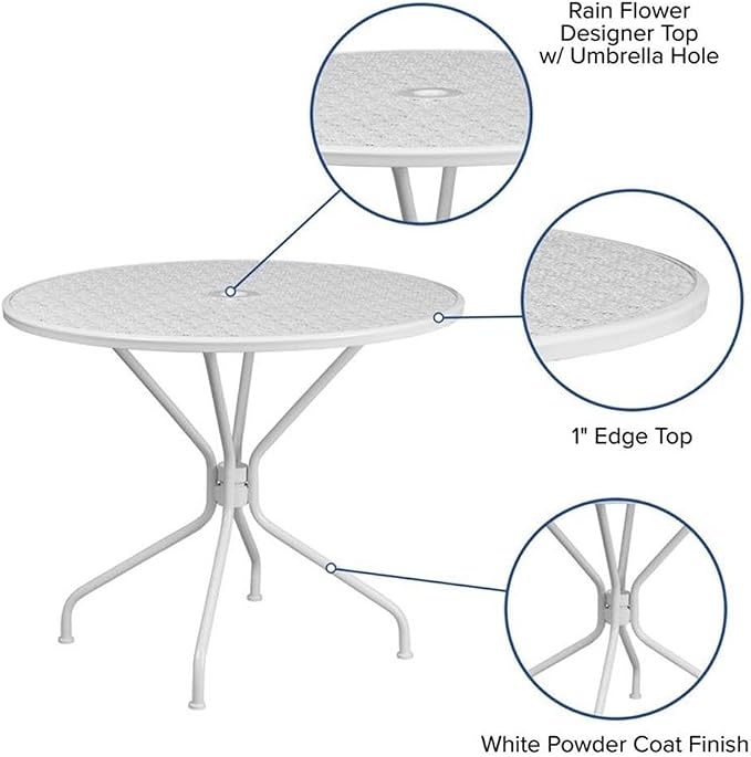 Afuera Living Round Steel Patio Dining Table, 35.25 in, White Powder Coat Finish, Flower Print Top with Umbrella Hole, Indoor/Outdoor Durable Bistro Table for Home, Cafe, Restaurant