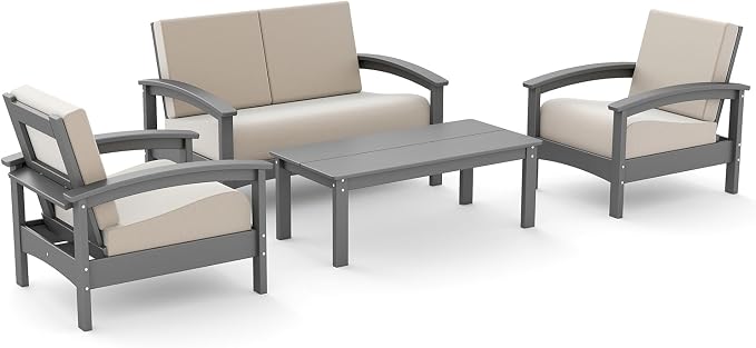 GREENVINES Deluxe 4-Piece Patio Furniture Set | HDPE Plastic | Outdoor Sectional Conversation Sets | All-Weather Couch | Sofa with Coffee Table | Black Frame w/Beige Cushion | for Porch Lawn | Gray