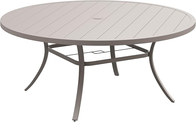 DIFY 63" Round Outdoor Patio Dining Table for 8-10, Metal Patio Table with 1.57" Adjustable Umbrella Hole, All-Weather Outdoor Furniture Table for Garden Backyard Deck, Sandshell