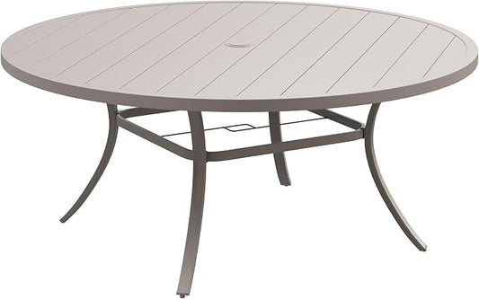 DIFY 63" Round Outdoor Patio Dining Table for 8-10, Metal Patio Table with 1.57" Adjustable Umbrella Hole, All-Weather Outdoor Furniture Table for Garden Backyard Deck, Sandshell