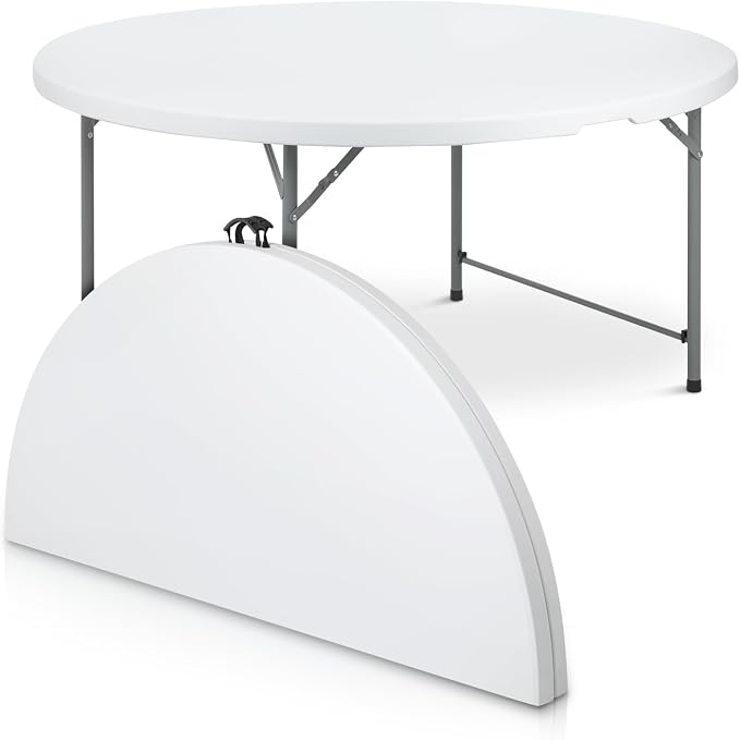 Magshion 60" Round Folding Table, 5 Feet Bi-Folding Plastic Commercial Dining Card Table w/Carrying Handle for Outdoor Wedding Party Event Picnic, White