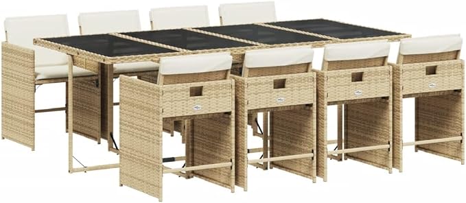 9-Piece Patio Dining Set with Cream Cushions Beige PE Rattan Outdoor Furniture Set for Backyard Garden Balcony Porch