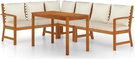 Afuera Living 5-Piece Modular Patio Dining Set, Solid Acacia Wood, Natural/Brown Finish, Weather-Resistant Cushions, Smooth Retro Design, Includes Benches and Sofa, Outdoor Garden or Terrace Seating