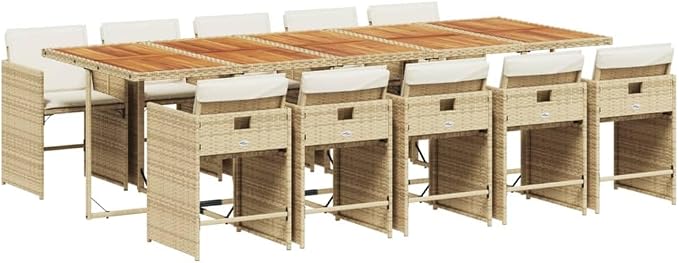 11-Piece Outdoor Dining Set, 10-Seater PE Rattan Patio Furniture with Acacia Wood Tabletop and Padded Cushions for Garden Backyard