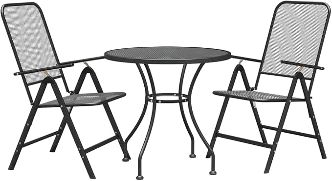 3 Piece Patio Dining Set Expanded Metal Mesh Anthracite Outdoor Folding Chairs with 7 Position Adjustable Backrest E-Coating Weatherproof Table for Garden Balcony Backyard