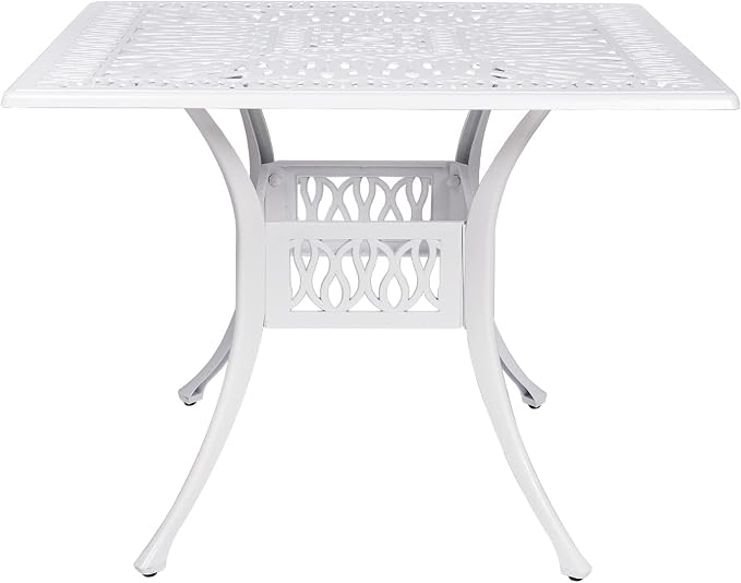 VIVIJASON 35.4" Outdoor Patio Dining Square Table White Cast Aluminum Rustic Large Patio Table with Umbrella Hole
