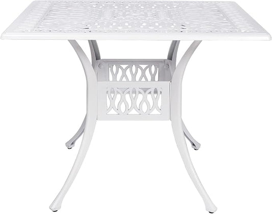 VIVIJASON 35.4" Outdoor Patio Dining Square Table White Cast Aluminum Rustic Large Patio Table with Umbrella Hole