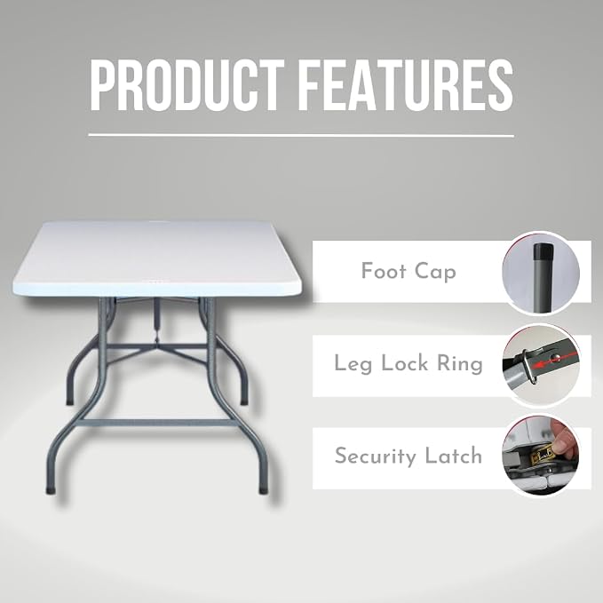 Utility Table, Non Folding Portable Plastic Table for Picnics, Parties, Outdoor Camping Table with Carrying Handle, Rectangular Design, Lightweight and Durable - 6ft