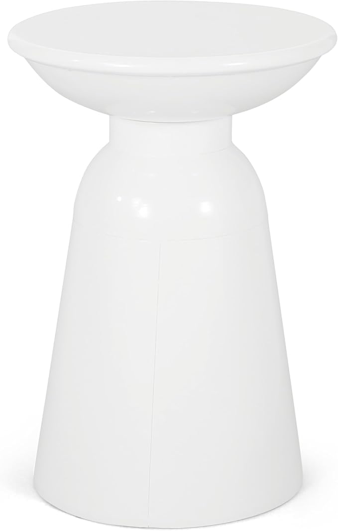 Benzara Suma Outdoor End Table, Round 15 Inch Top, Pedestal Base, White Iron