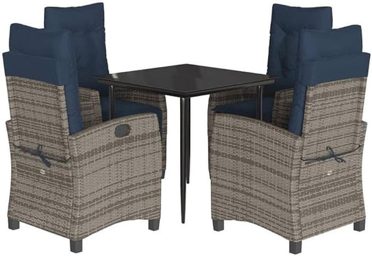 Afuera Living 5 Piece Patio Dining Set, UV-Resistant Gray Poly Rattan, Powder-Coated Steel Frame, Glass Tabletop, Reclining Chairs with Cushions, Durable Outdoor Garden Furniture for Terrace or