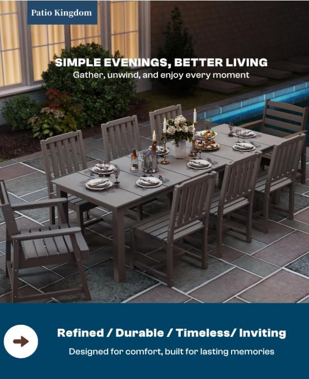 9-Piece HDPE Patio Dining Set for 8, 75.2" Table,Gray | HDPE material, umbrella hole design, weather-resistant patio furniture, perfect for yard, lawn, garden, balcony, deck