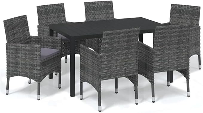 BOWERY HILL Contemporary Poly Rattan & Steel Patio Dining Set, 7-Piece, Gray Matte Finish, Weather-Resistant, Comfortable Cushions, Seats 6, Modern Design Outdoor Furniture for Garden or Terrace