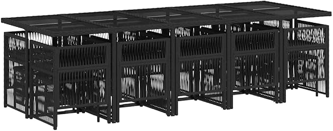 Garden Dining Set Black PE Rattan Large Foldable 15-Piece Outdoor Patio Table with Tempered Glass for 14 People UV-Resistant Removable Cushion Easy Assembly