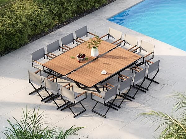 Grand patio 16-Piece Outdoor Dining Set, 14 Extra-Wide Folding Chairs & 2 Rectangle Expandable Table, Sling Mesh Patio Chairs with Wood Grain Table for Yard, Poolside, Deck, Gray