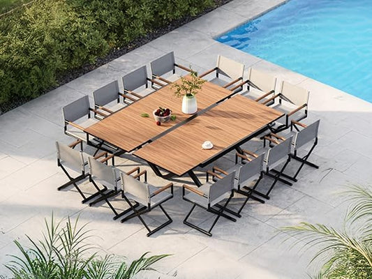 Grand patio 16-Piece Outdoor Dining Set, 14 Extra-Wide Folding Chairs & 2 Rectangle Expandable Table, Sling Mesh Patio Chairs with Wood Grain Table for Yard, Poolside, Deck, Gray