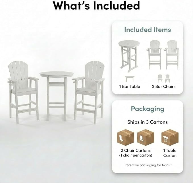 3-Piece White Counter Height Bar Dining Set with 1.96-inch Center Hole, 42.1" HDPE Indoor/Outdoor Round Bar Table with 2 Bar Stools, All-Weather Patio Bistro Set for Deck, Balcony, Poolside & Coastal