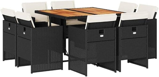 Afuera Living 9-Piece Poly Rattan Garden Dining Set, Brown/Cream Finish, Acacia Wood and Steel Table, High-Back Chairs with Cushions, Foldable Design, Seats 8, Weather-Resistant Patio Furniture for