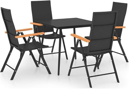 Afuera Living 5-Piece Outdoor Patio Dining Set, PE Rattan/Glass/Aluminium/WPC, Black/Brown Finish, Adjustable Reclining Chairs, Modern Garden Furniture for Balcony, Terrace, or Backyard