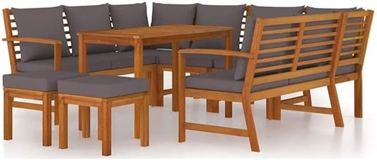 Afuera Living 9-Piece Solid Acacia Wood Patio Dining Set, Brown Oiled Finish, Includes Table, Benches, Sofas, Footstools, Cushions, Weather-Resistant Outdoor Furniture for Garden or Terrace Dining