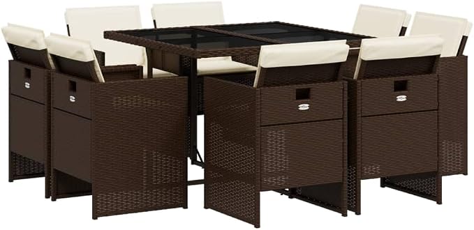 9-Piece Patio Dining Set with Cushions Brown and Black PE Rattan Outdoor Furniture Set for Garden Backyard Balcony Porch, Foldable Chairs with Tempered Glass Table