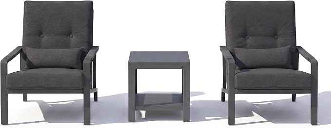 3-Piece Small Patio Set, Gray Aluminum Outdoor Furniture Set with Loveseat, 2 Chairs & Coffee Table, Metal Patio Conversation Set with Thick Cushions, Weather-Resistant